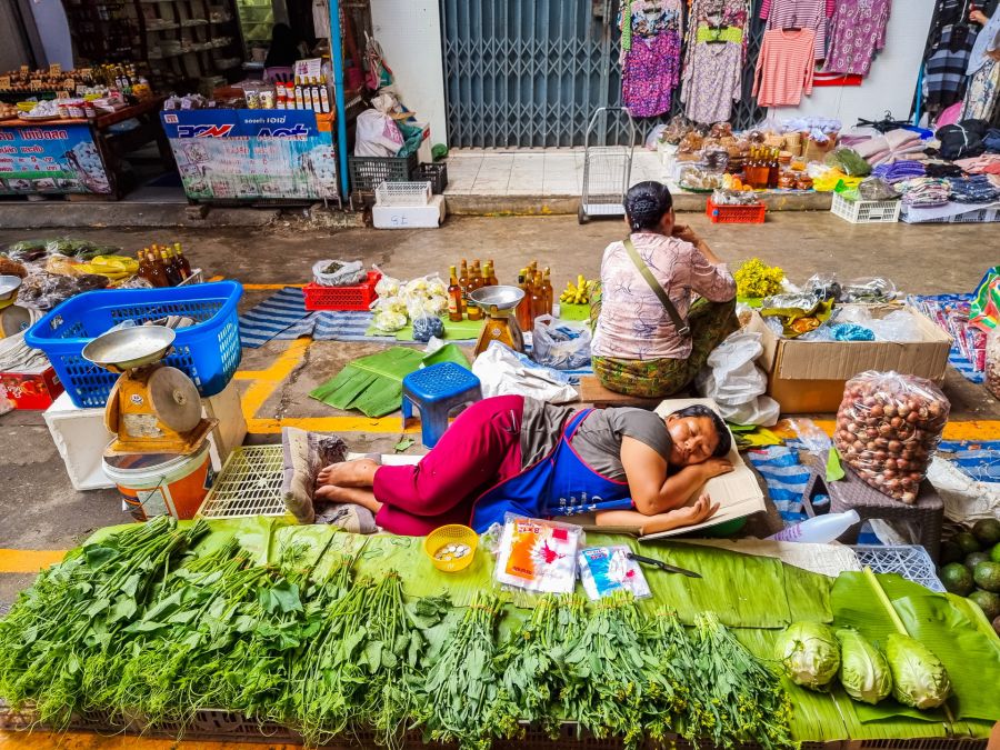 vendeuse legumes sieste au marché frontalier de mae sai thailande