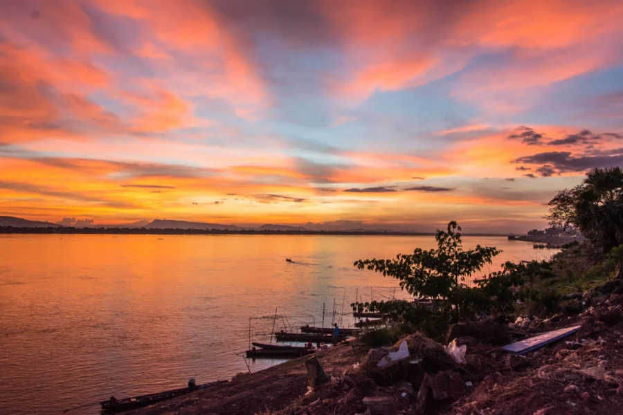 sunset on the shore of Pakze in Laos