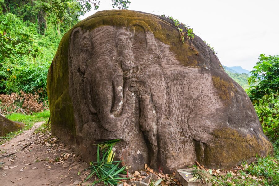 sculpture elephant rock au vat phou champassak