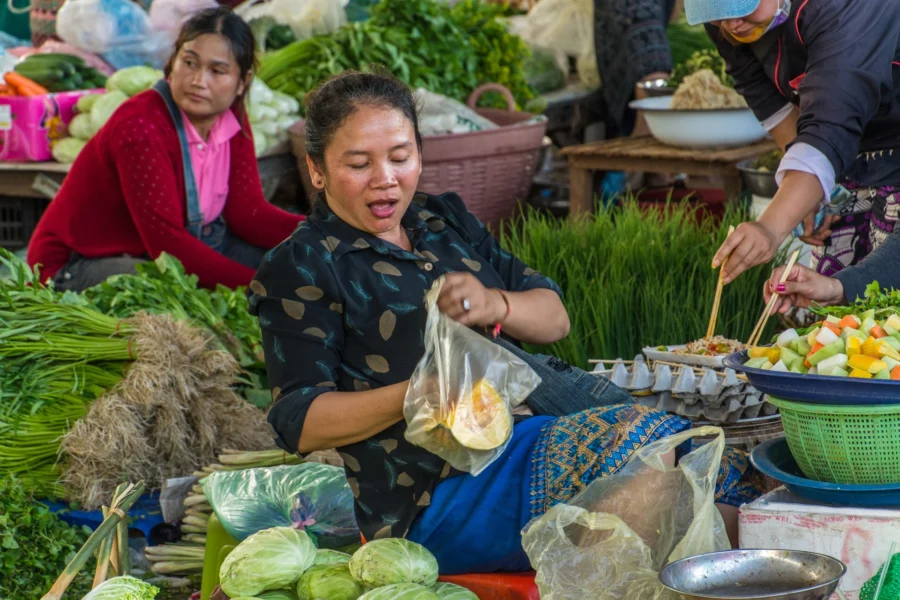 vendeuse en action au marché dao hueang de paksé