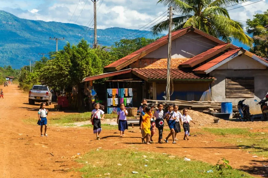 children on the roadside towards Tad Koy Loy Champassak Laos