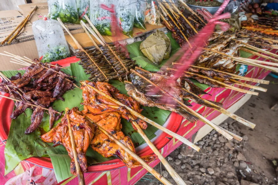skewers at the paksong market laos