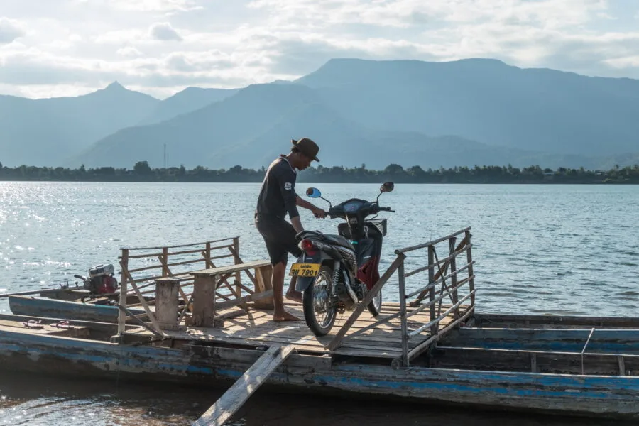 Mekong crossing on local ferry Champassak Laos