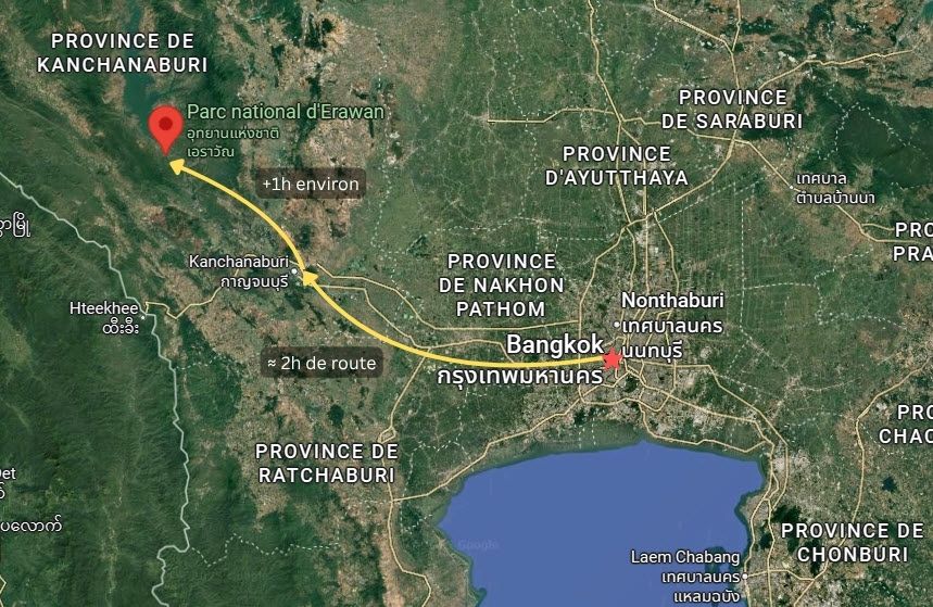 carte emplacement + trajet bangkok parc national erawan