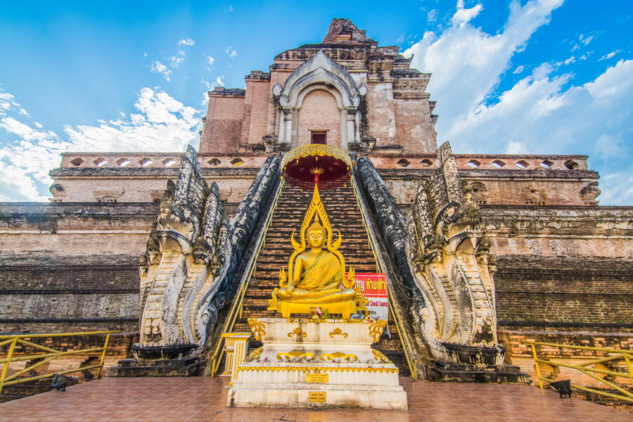 Buddha in front of the stairs at Wat Chedi Luang Chiang Mai