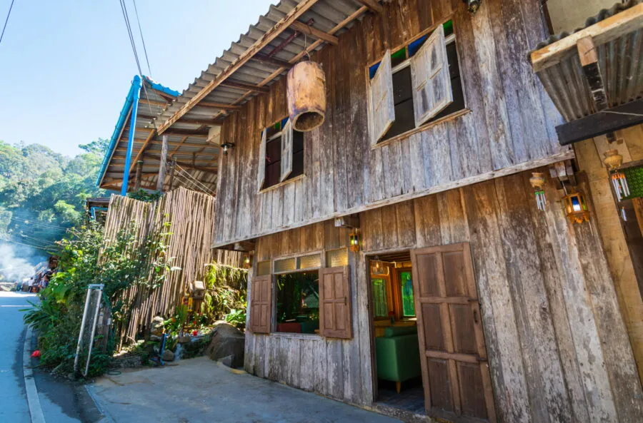 wooden house facade in Mae Kampong Chiang Mai village