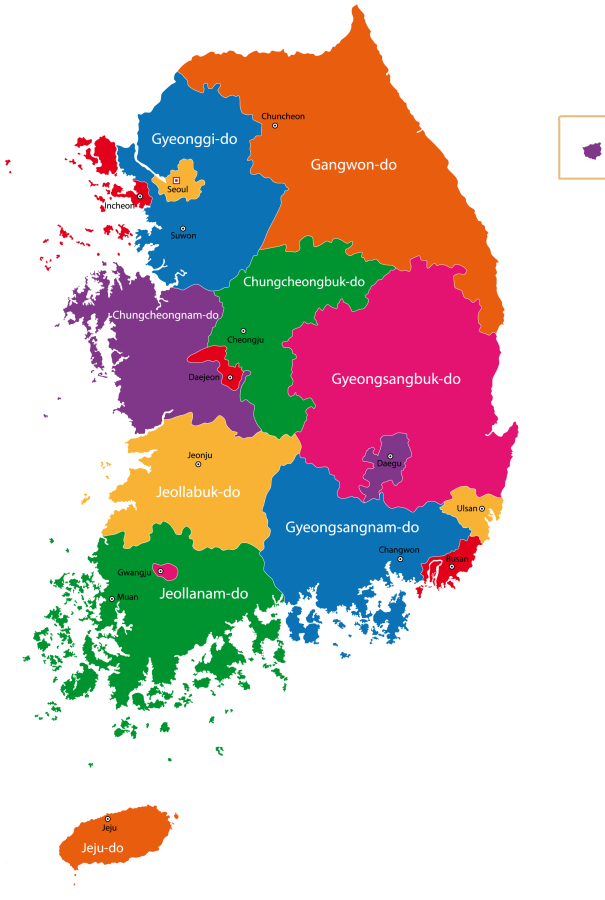 Map of South Korea divided into regions