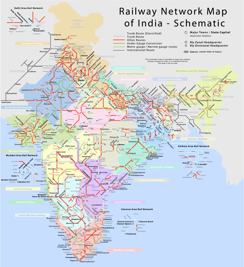 schematic map of the railway network in India