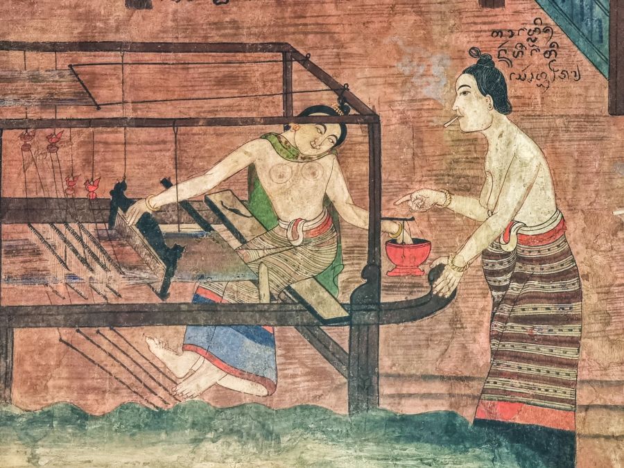 peinture murale deux femmes au wat phumin de nan thailande