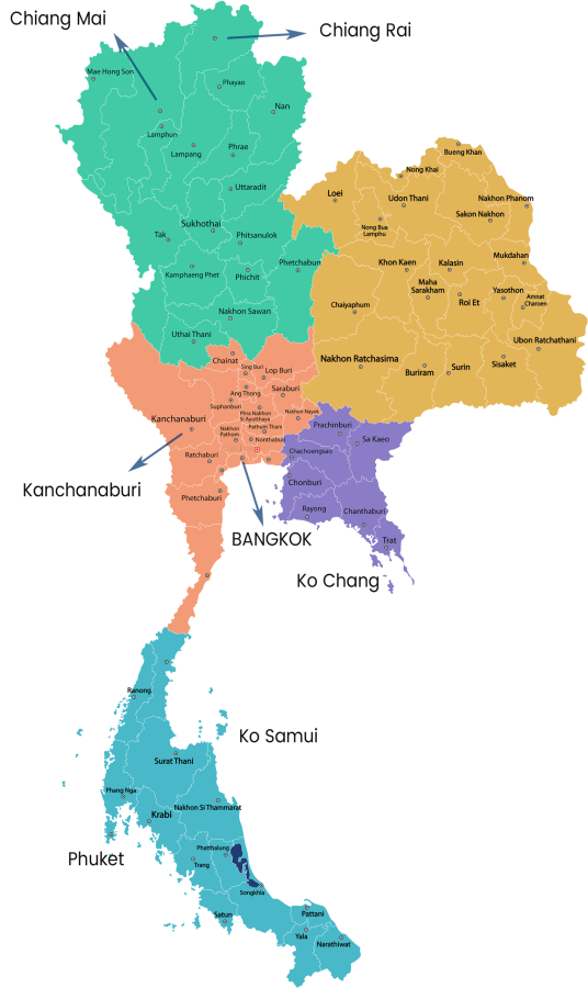 carte decoupage des regions en thailande