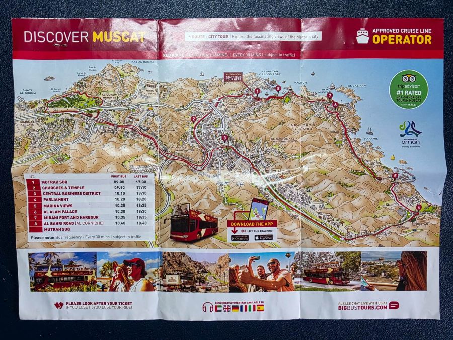 Plan touristique de Mascate avec circuit de bus à arrêts multiples