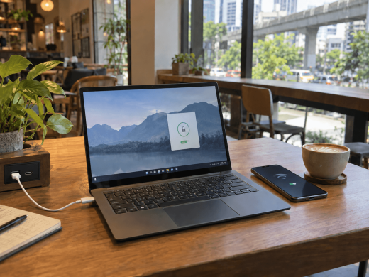 Ordinateur portable sécurisé sur table de café, téléphone sans contact