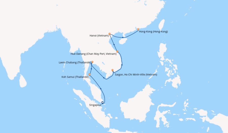 Exemple d’itinéraire de croisière de Singapour à Hong Kong Carte d’un itinéraire de croisière de Singapour à Hong Kong via Ko Samui, Laem Chabang et le Vietnam